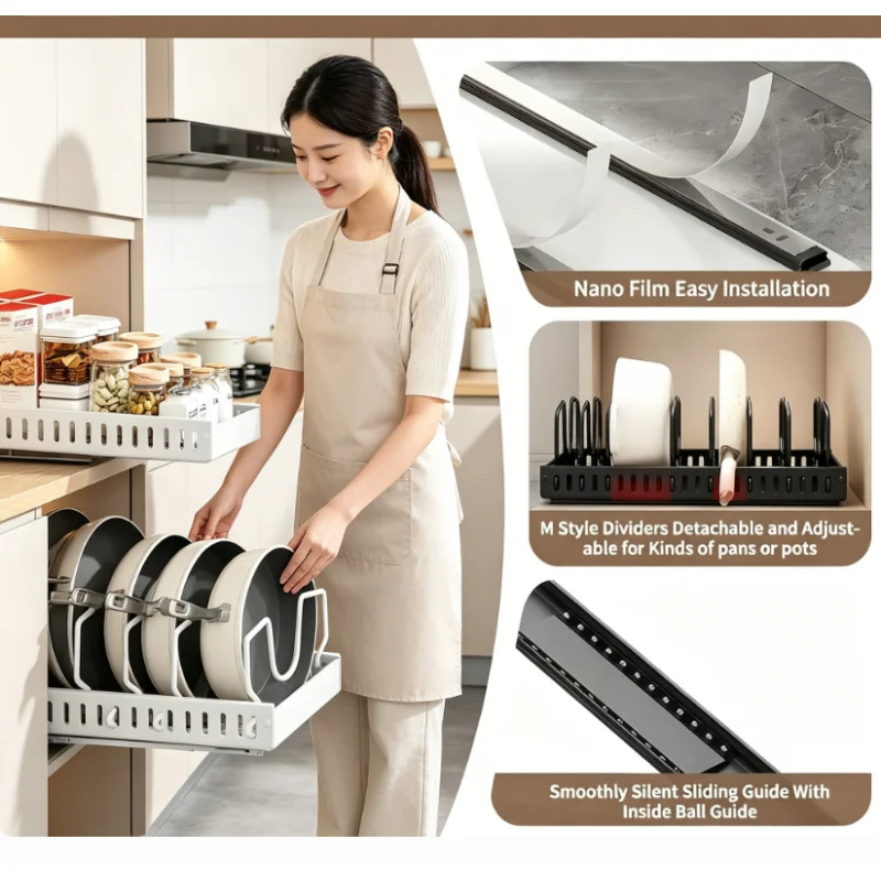 

Household Under Cabinet Pull Out Organizer Adjustable Divider Rack Pot Pan Lid Storage Holder For Kitchen