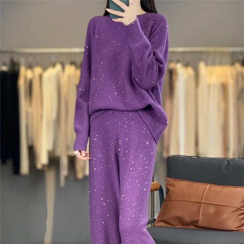 Round-Neck 100% Wool Suit Autumn And Winter Large Sequin Knit Starry Sky Sweater High-Waisted Wide-Leg Pants Two-Piece Set