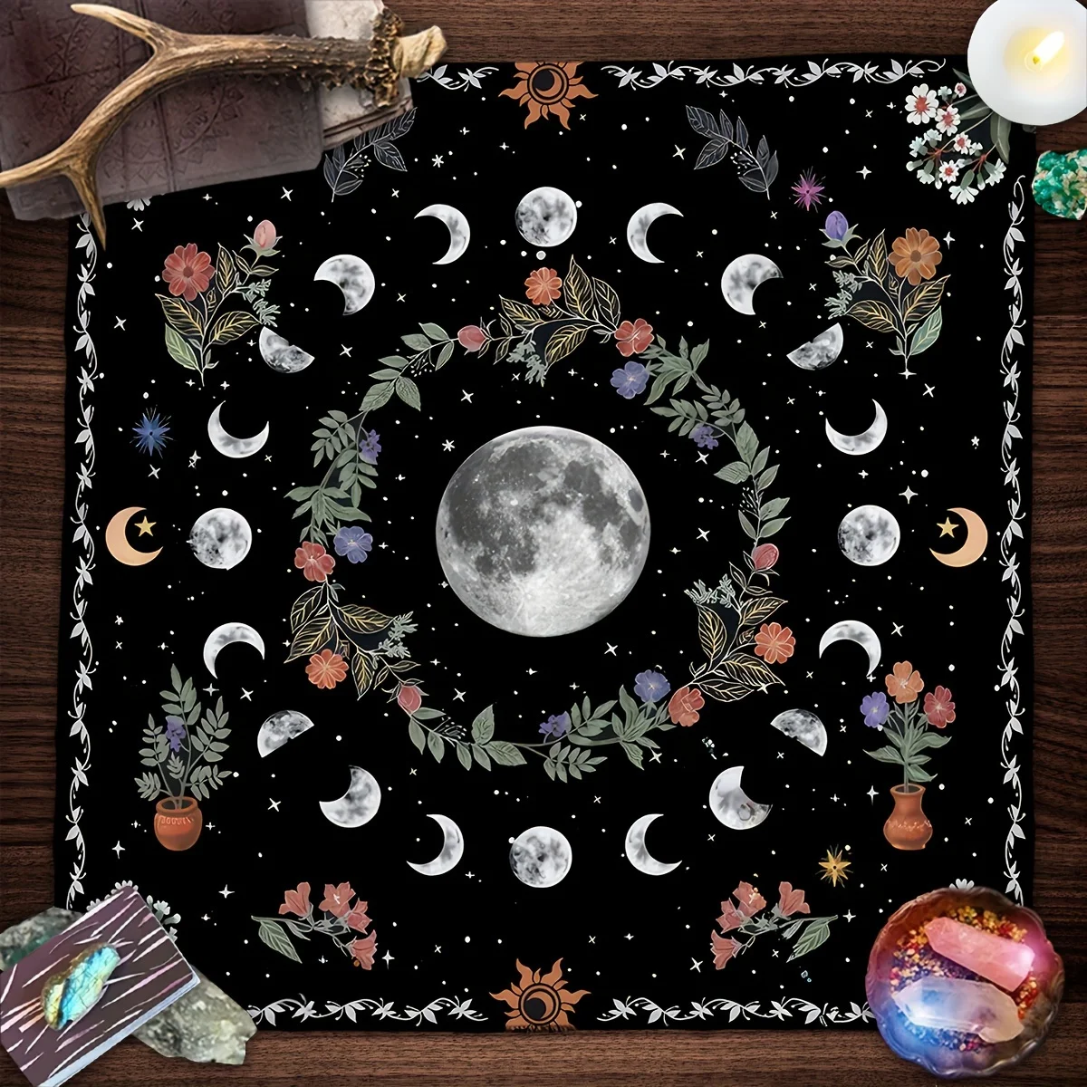 Moon‑phase Botanical Butterfly Starry Sky Tarot Altar Cloth, Divination Spread Mat for Tarot & Oracle Cards