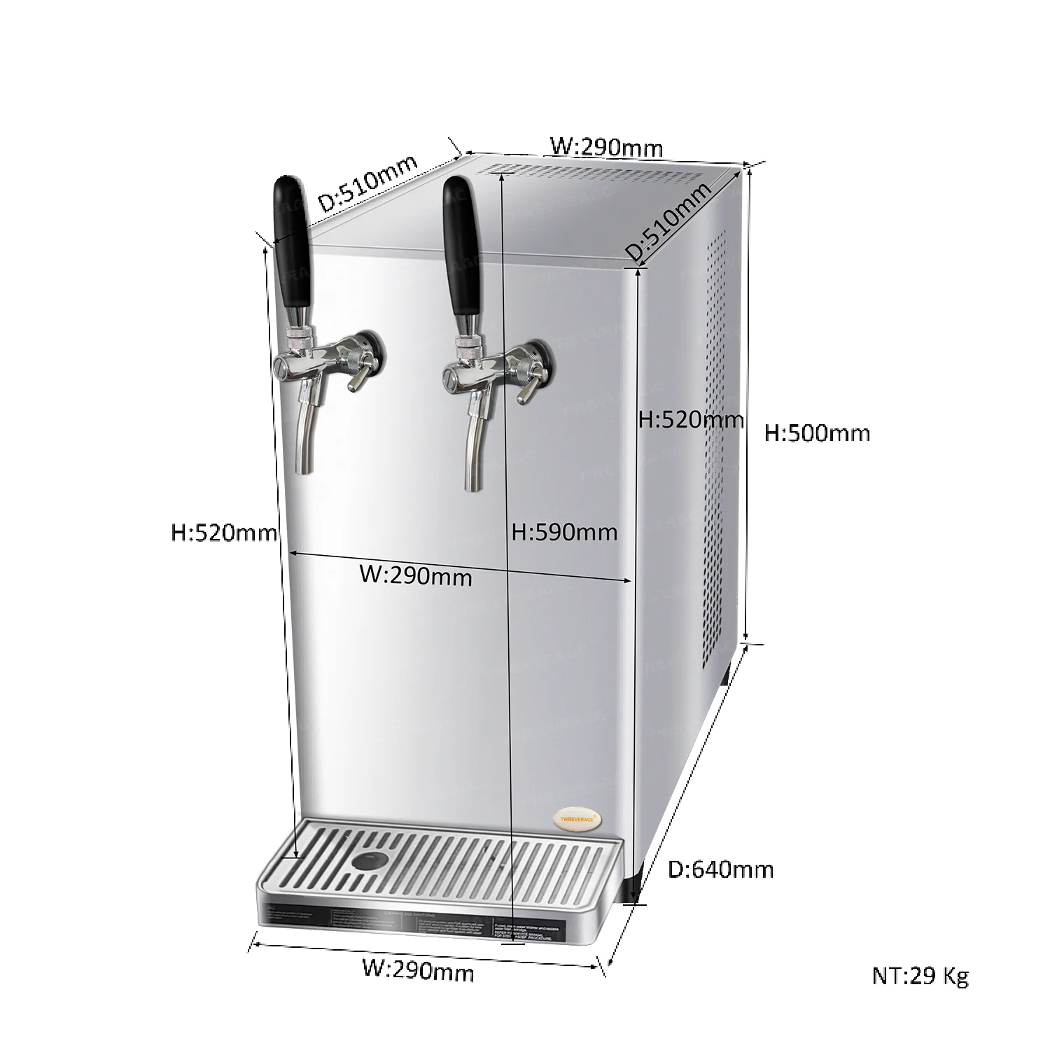 2-tap countertop draught beer dispenser (beer keg cooler), for serving chilled beer