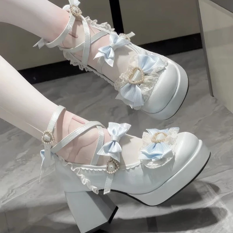 Japanese Lolita Style High Heels Women Cute Round Head Bow Patent Leather Metal Button Mary Jane Shoes Y2k Wedding Party Pumps