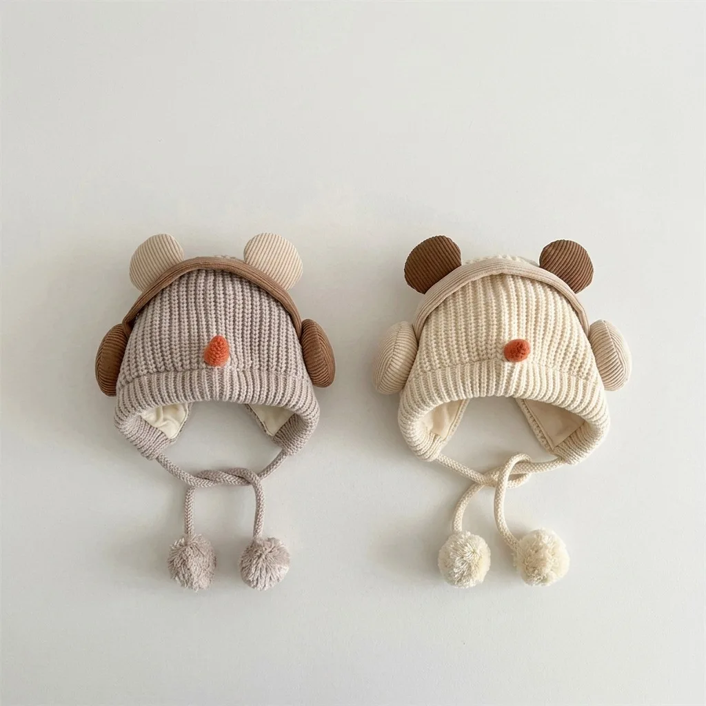 Winter Baby Earflap Hat Warm Thick Knitted Ear Protection Cap for Kids Boy Girl Cute Pompom Cotton Lining Beanie Caps ﻿