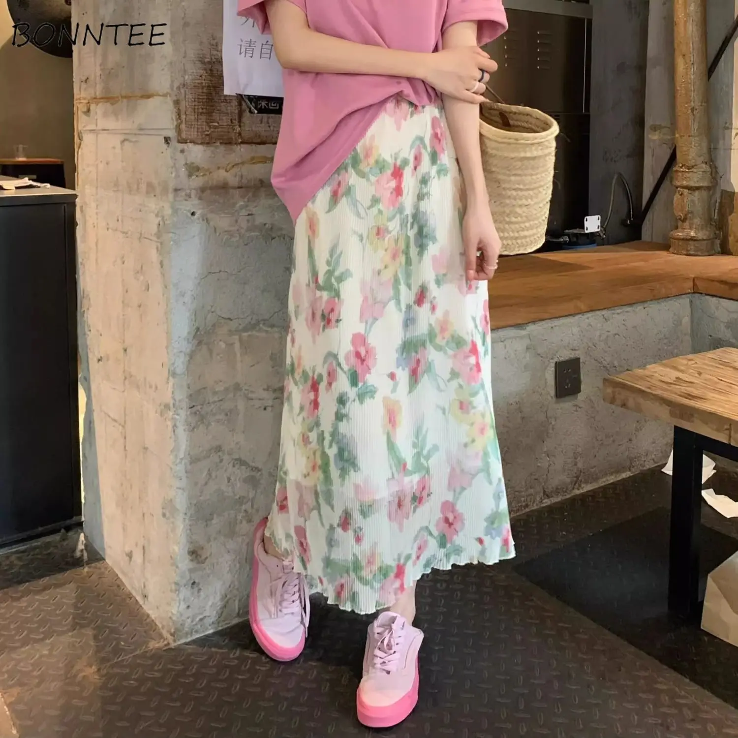 

Mori Girl Style Skirts Women A-line Midi Floral Printed High Waist Fairycore French Holiday Beach Leisure Girlish Summer