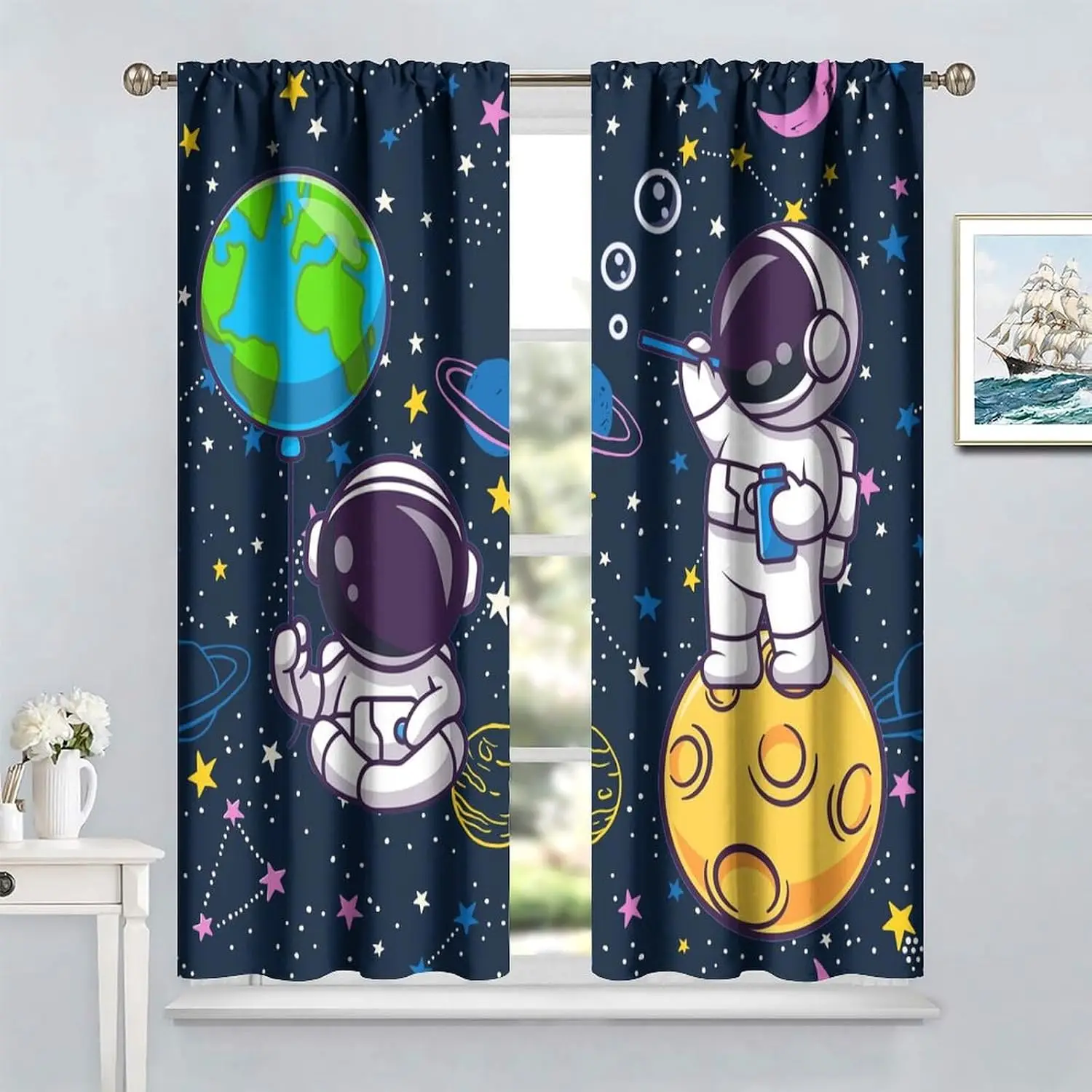 Dark Blue Cartoon Space Astronaut Curtain 2 Panels Earth Planet Moon Color Star Inn Room Lovely Dreamy Kids Bedroom Curtains