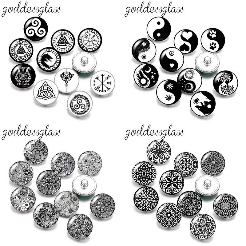 Zwarte Patronen Bagua Bloemen Symbolen 10Pcs Mix Ronde Foto 18Mm/12Mm Snap Knoppen Voor 18Mm/12Mm Snap Sieraden Diy Bevindingen