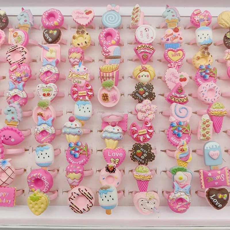 100pcs/Lot Wholesale Children Finger Rings for Girls Party Pink Cute Jewelry Open Adjust Resin Ring Cake Animal Fruit Ice Cream