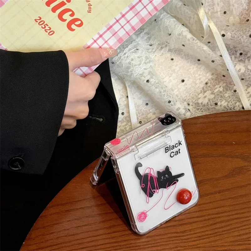 Для Samsung Galaxy Z Flip 3 4 5 6, чехол Z Flip6 ZFlip6, браслет с рисунком черного кота, прозрачная противоударная задняя крышка