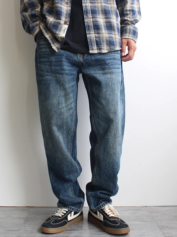 

Джинсы с американской талией в стиле ретро, мужские тяжелые прямые свободные повседневные универсальные длинные брюки, осенняя мода, удобный хлопок