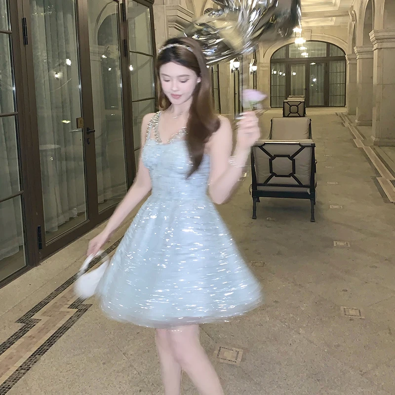 

FFmiss Court Style Heavy Crystal Hollow out Diamond Embedded Waist Cinched Strap Dress Luxury Sequin Embellished Gown Dress