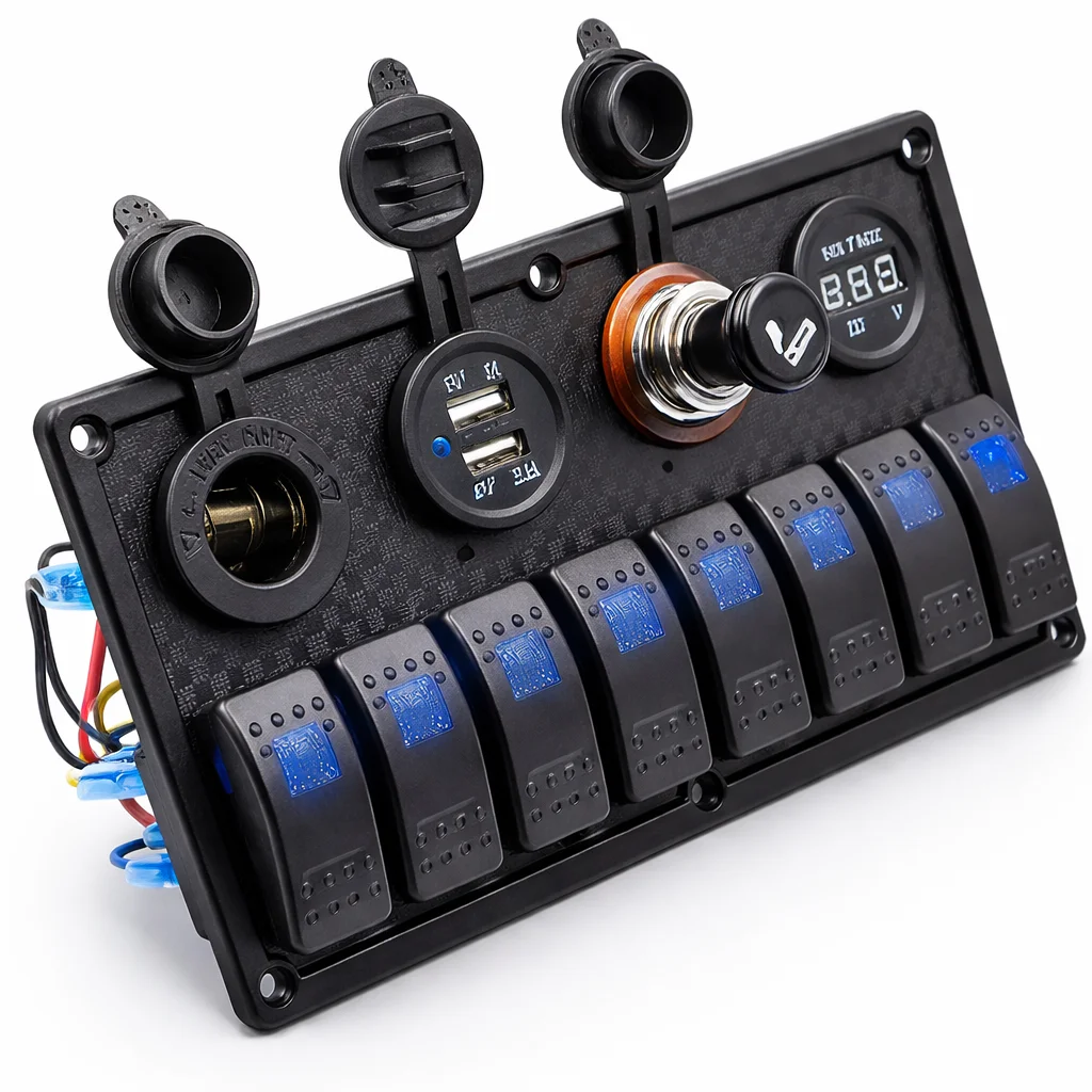 12V 24V Waterproof Marine Rocker Switch Panel 8 Gang Boat Switch Panel with Voltmeter Dual USB Charger for RV Yacht