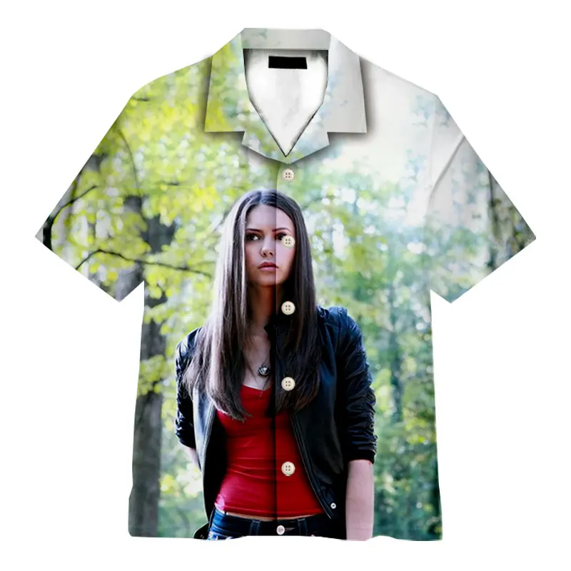 Nina Dobrev- Elena Gilbert 3D Fashion Casual Shirts Men's /Women's  Short Sleeves Loose Breathable Tailored Collar Hawaii Shirts