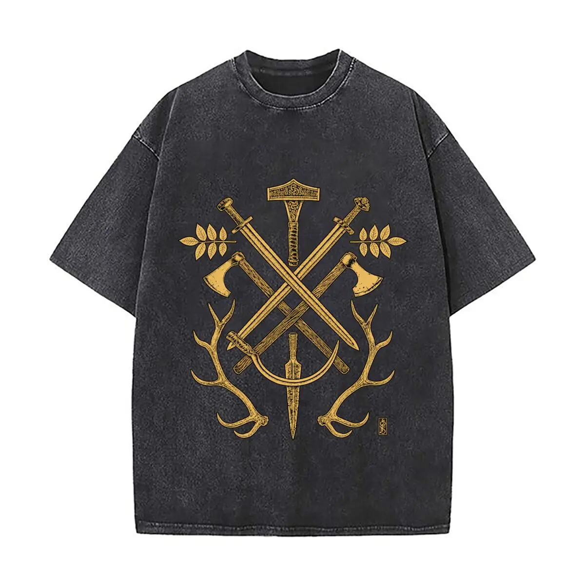 Norse Viking Weapons Antlers Mjolnir Axes Swords Leaves Washed Distressed Loose Streetwear Tops for City Walks