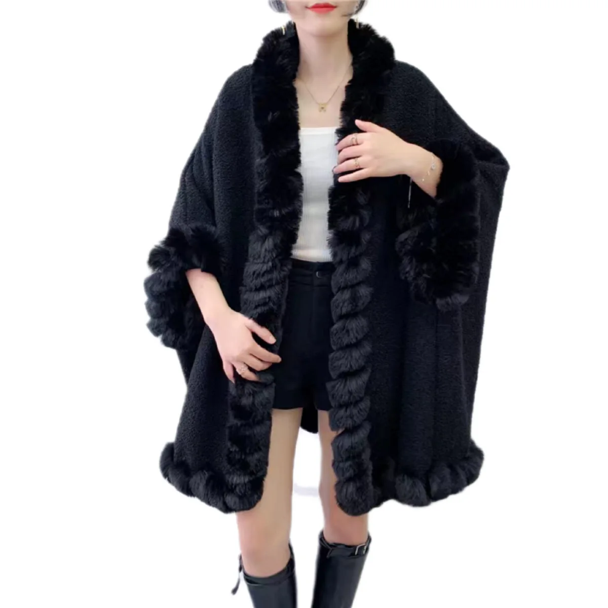 Nuovo punteruolo in pelliccia di coniglio Bla per donna Autunno Inverno Poncho decorativo lavabile Versatile Sli Streetwear Poliestere