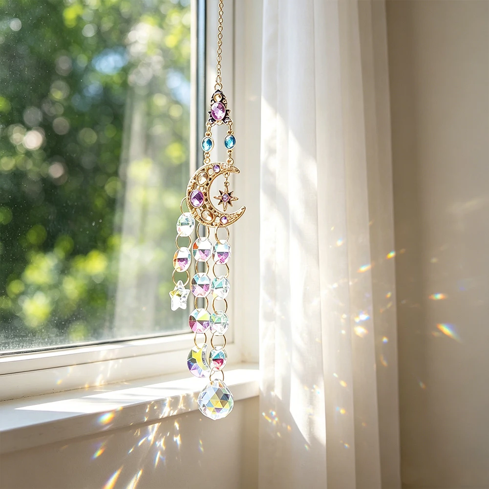 Moon Star Rhinestone Crystal Suncatcher Hanging Ornament AB Color Prism Ball Pendant Window Garden Rainbow Light Shadow Decor