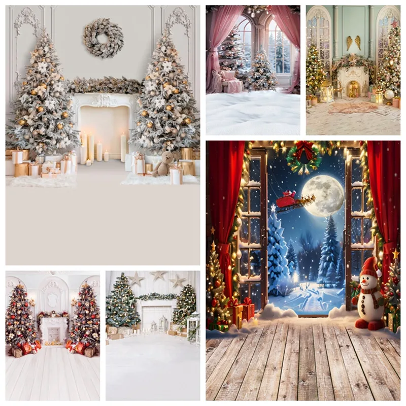 Winter Christmas Photography Background Xmas Tree Candle Fireplace Wood Floor Family Festival Party Kids Portrait Photo Backdrop