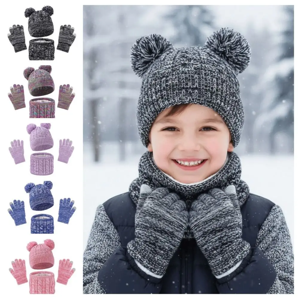 

Cute Pompom Baby Hat Scarf Gloves Set Warm Ears Keep Warm Toddler Knitted Hats Multicolor with Velvet Kids Hat Set Girls