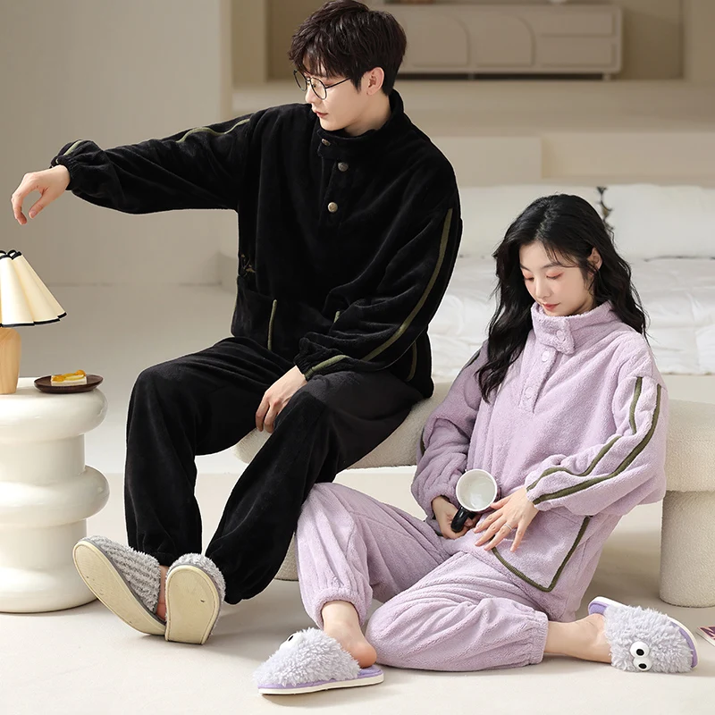 

Winter couple pajamas flannel comfortable and loose fitting pullover warm coral velvet home clothing M-3XL