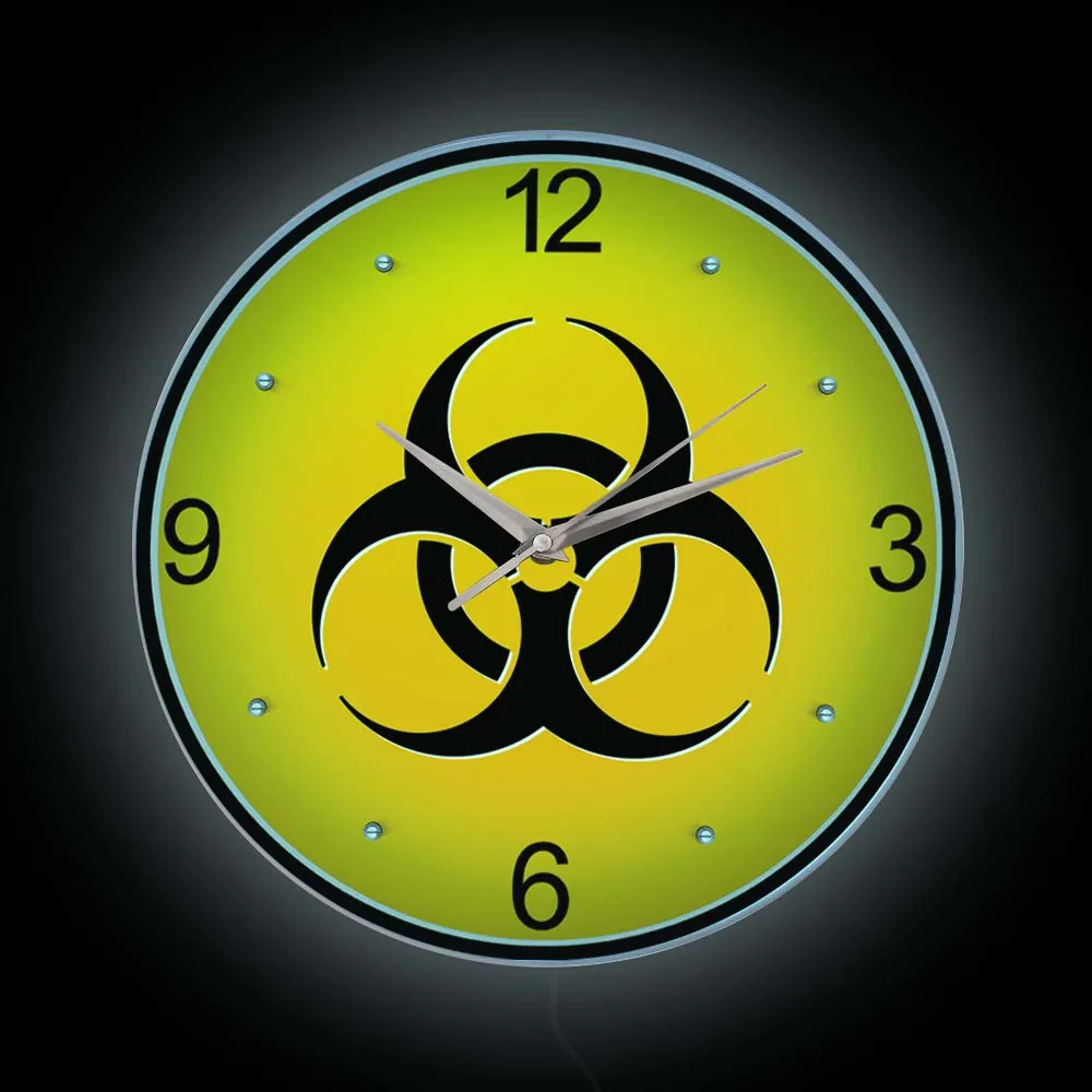 

Biohazard Symbol LED Backlit Wall Clock For Lab Medical Fallout Sign Hazard Toxic Danger Warn Luminous Clock Bedside Wall Lamp