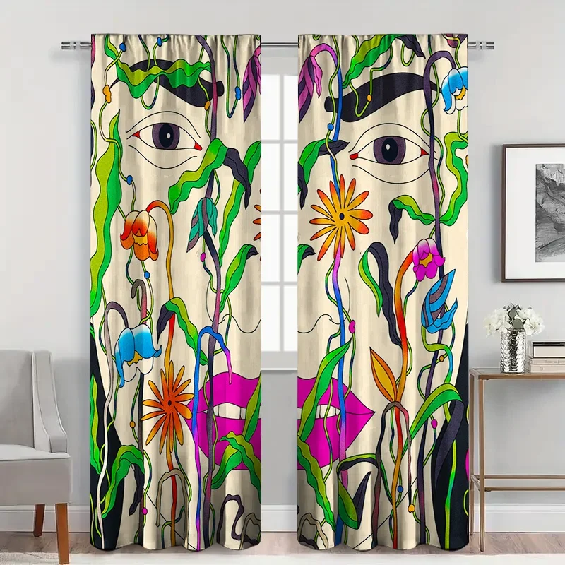 2pcs Psychedelic Face & Flora Curtains with Rod Pocket, Multicolor Abstract Pattern Sheer , Artistic Statement for Modern Wall