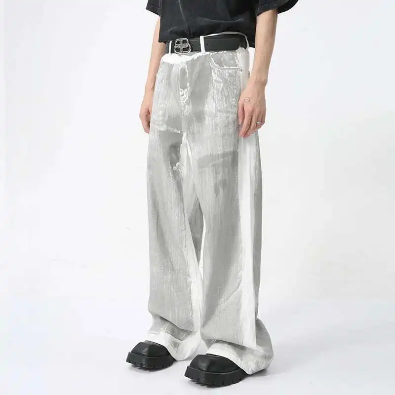 صيف جديد الرجال الجينز شارع العليا العصرية رسمت باليد القذرة تصميم فريد من نوعه السراويل العصرية فضفاضة المناسب الدنيم السراويل