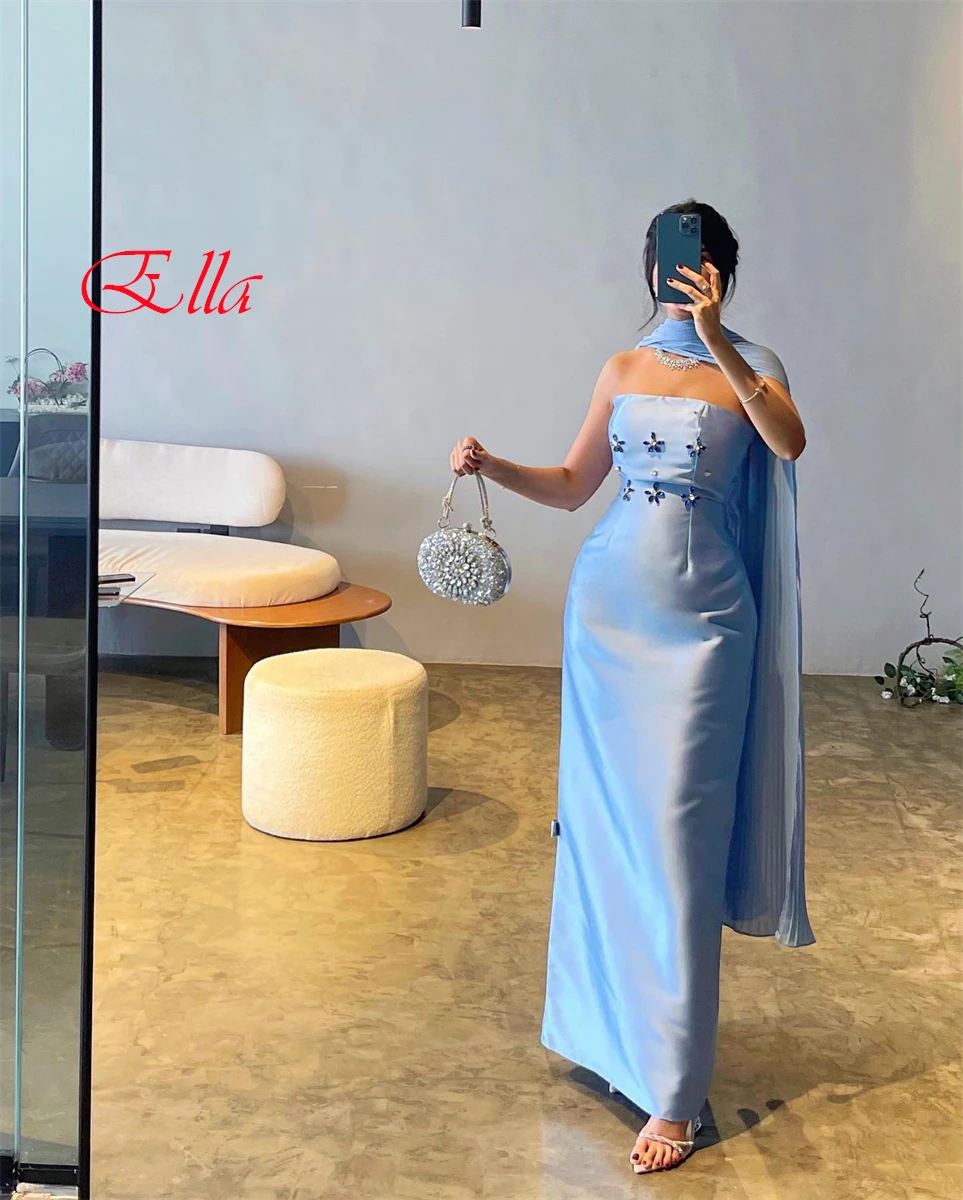 

Customized Classic Light Blue Satin Evening Dress Graceful Strapless Ribbon Zipper Back Mermaid Crystal Special Occasion Gowns