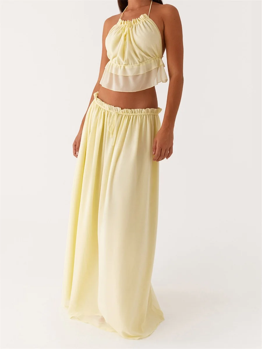 

Women Y2K Ruffle 2 Piece Skirt Set Tie Back Halter Cami Top Tiered Flowy Long Skirt Boho Ruched Beach Outfits