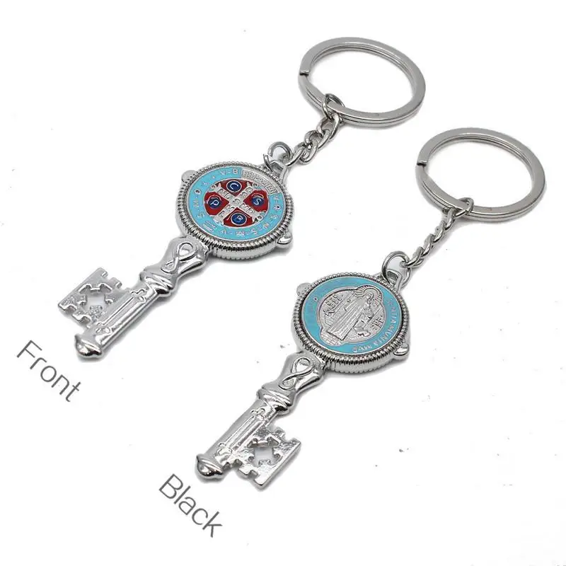2 Pcs Multicolor Key Exorcist St. Benedict's Cross Keychain Pendant Circle Ring Religious Church Gift Bag Accessories