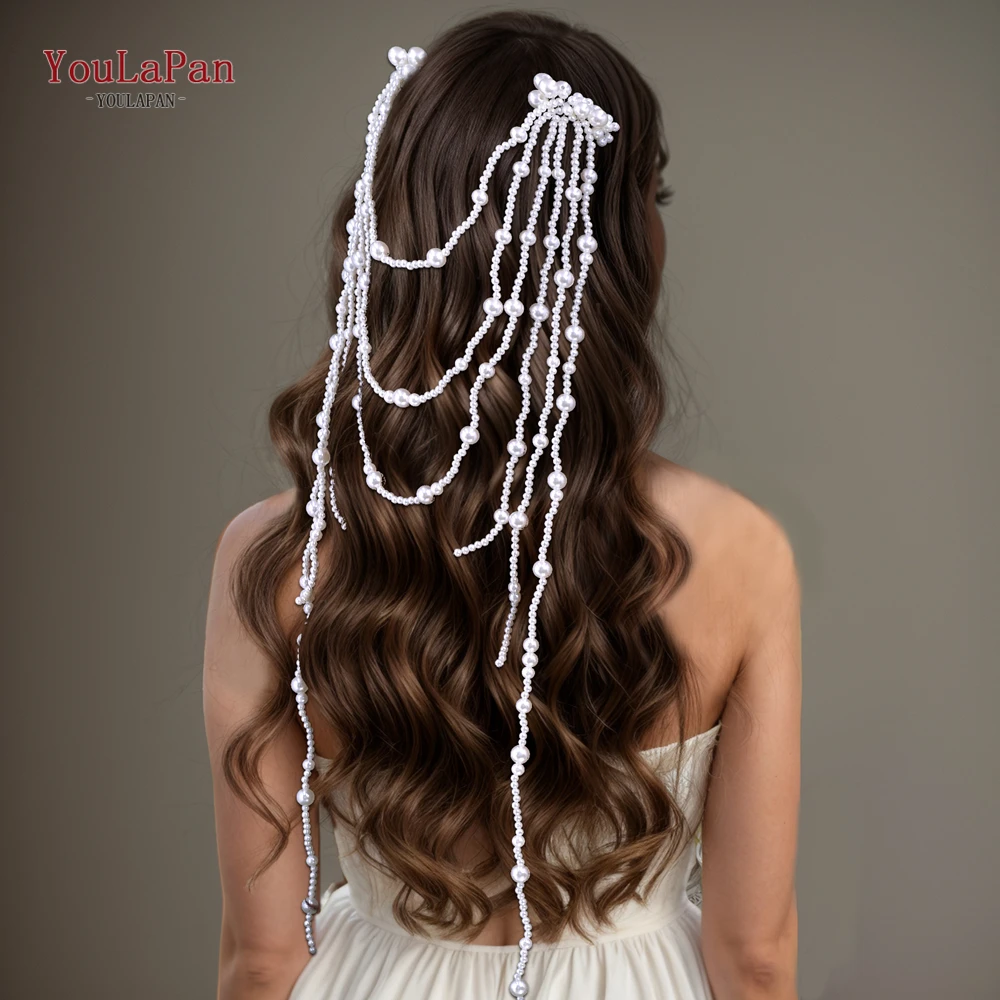 YoulaPan-Longo Pérola Borla Dupla Acabou Pente de Cabelo para As Mulheres, na moda Handmade Headpieces, Noiva Acessórios Do Cabelo Do Casamento, Tiara HP752