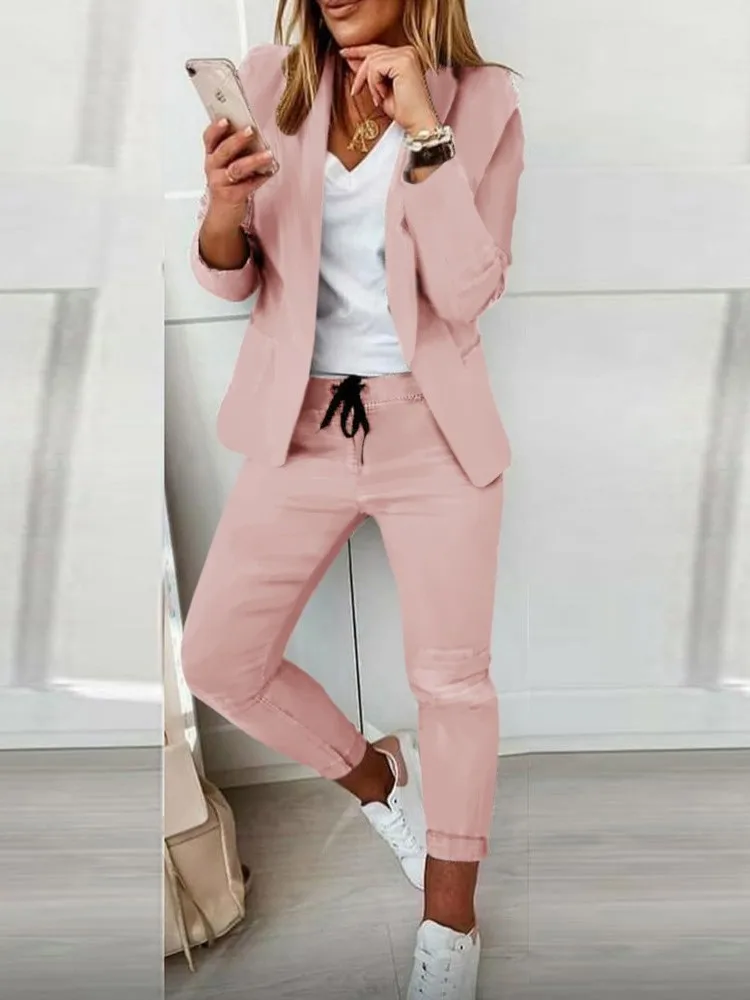 

Spring Autumn Fashion Solid Color Two Piece Set Casual Women Long Sleeve Pocket Suit Office Elegant Female Slim Pencil Pant Sets