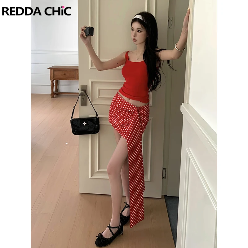 

REDDACHiC Polka Dots Asymmetrical Mini Skirt Women Flowy Belt Summer Low Rise A-line Slim Bodycon Skirt Holiday Casual Clothes