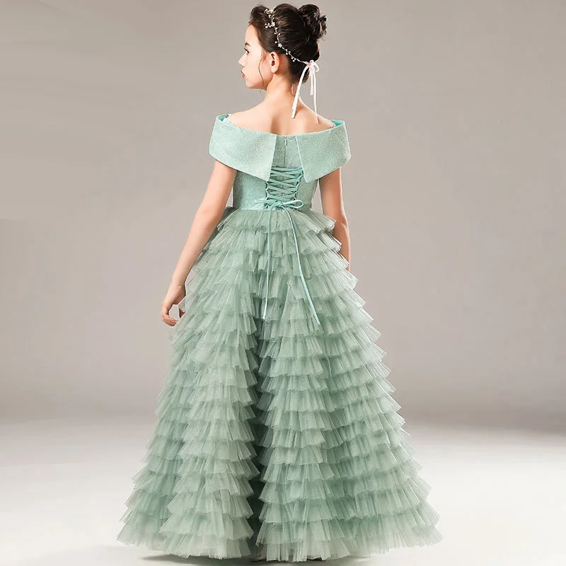 Girls Sage Green Custom-made Tiered Skirt Party Dress for Wedding Pink Tulle Christmas Ceremonial Dress for 1-14-Year-old Kids