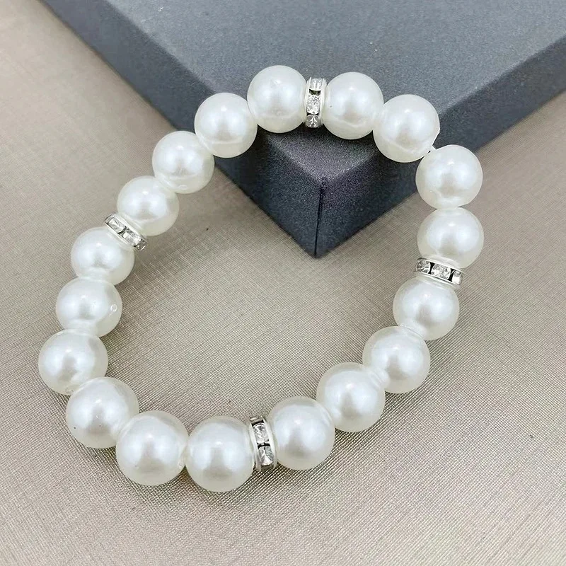 2 rupee item 10mm white pearl strand bracelet unisex easy pearl elastic bracelet silver plated pearl set auger bracelet