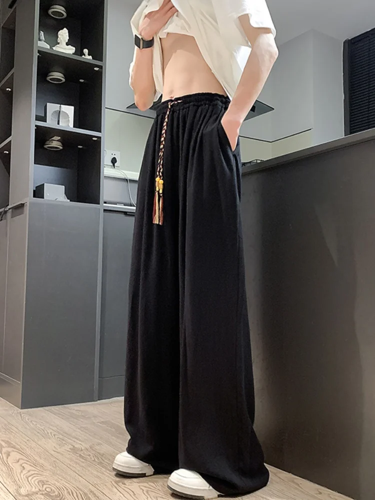 

New Chinese Sle Linen Men's Summer Thin Ice Silk Wide Leg Pants Loose Fit Casual Straight Leg Trousers Breathable Long Pants