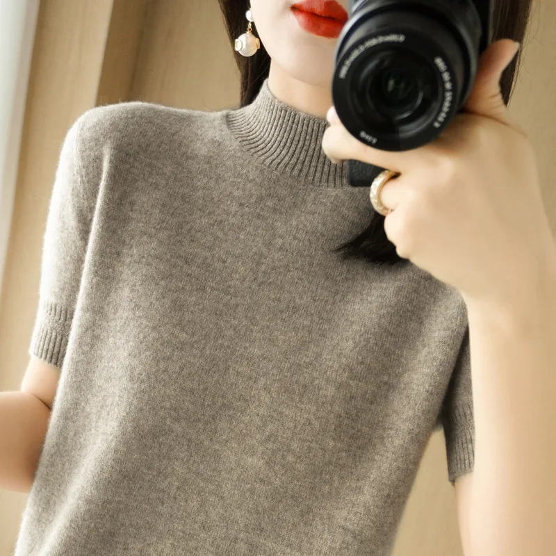 

Женский вязаный свитер с коротким рукавом и воротником-стойкой, свободного кроя, для ранней осени, больших размеров, повседневный стиль для работы и отдыха