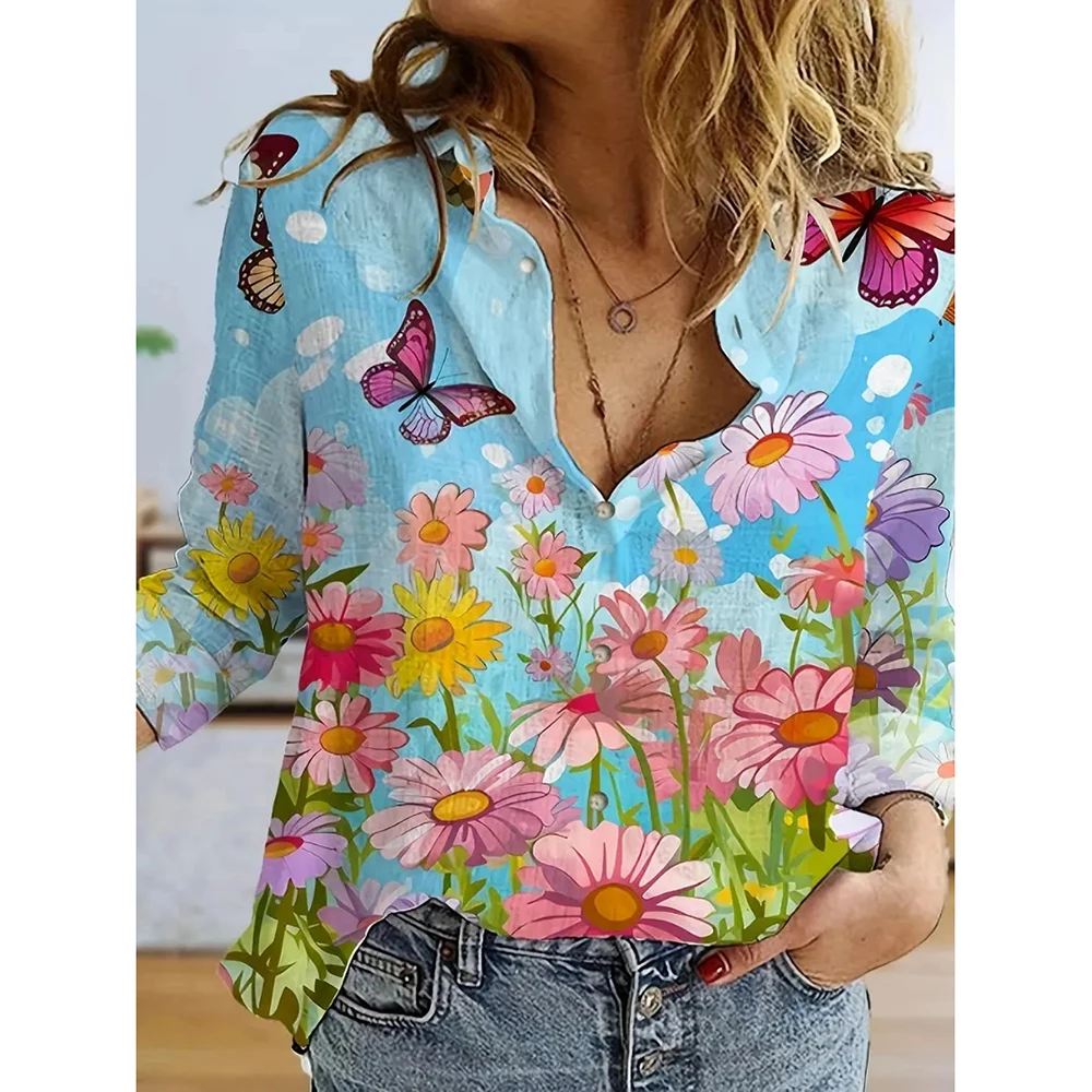 2024 Women's Sunflower 3d Printed Shirts Beach Vacation Spring Summer Single Breasted Tops Long Sleeve Oversized Women Clothing