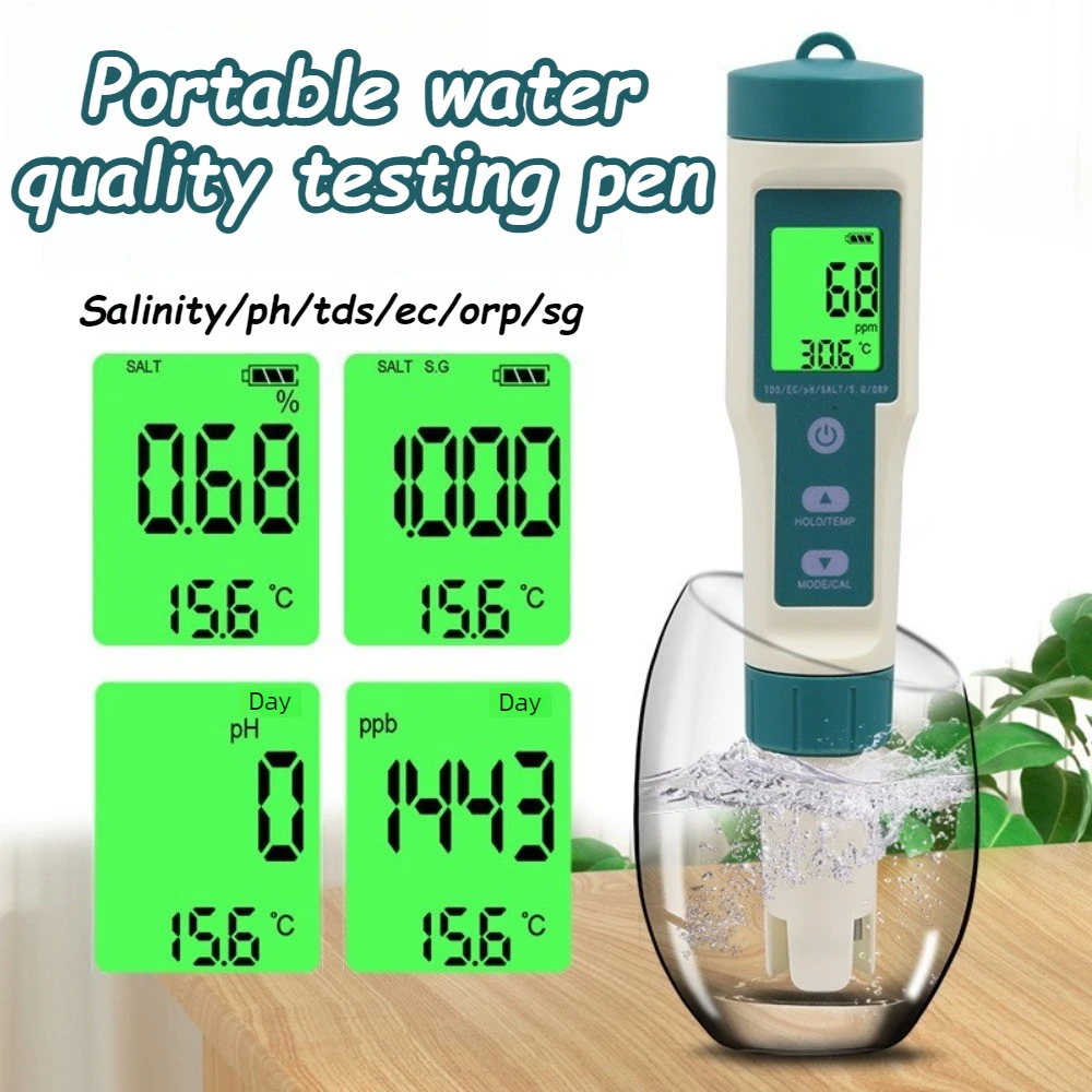 PH Water Quality Testing Pen Waterproof Multifunctional Testing Pens Detection of Salinity /PH/TDS/EC/ORP/SG Professional Tools