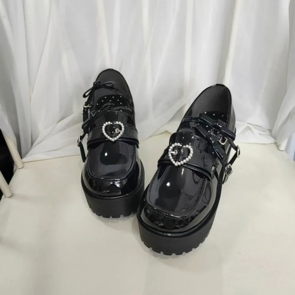 

Japanese Platform Lolita Women's Shoes Black Leather JK Uniform Rhinestone Chunky Heels Pumps Summer Girls Single Shoes