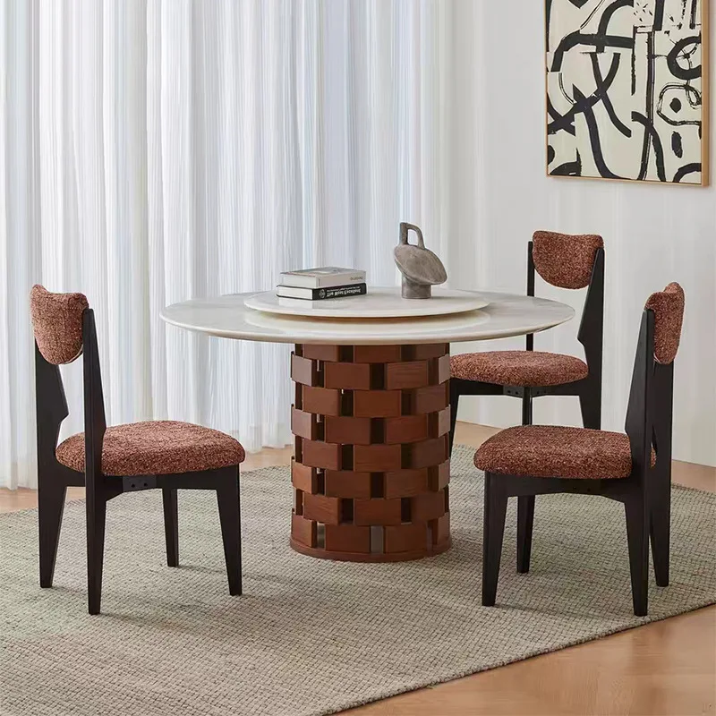 Tavolo da pranzo medievale in legno massello con lastra di roccia travertino, tavolo rotondo in marmo