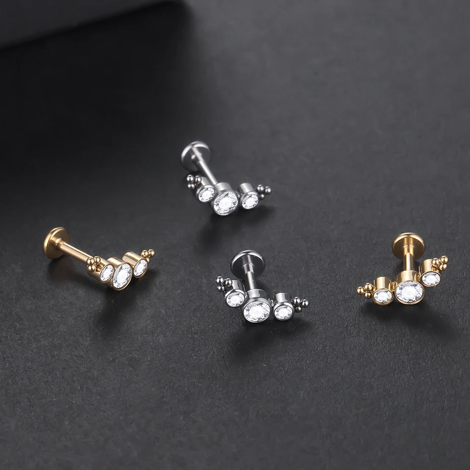 1PC Titanium Stud Earring Zircon Flat Back Lip Labret Cluster Piercing Cartilage Earring for Women Sexy Body Jewelry Wholesale