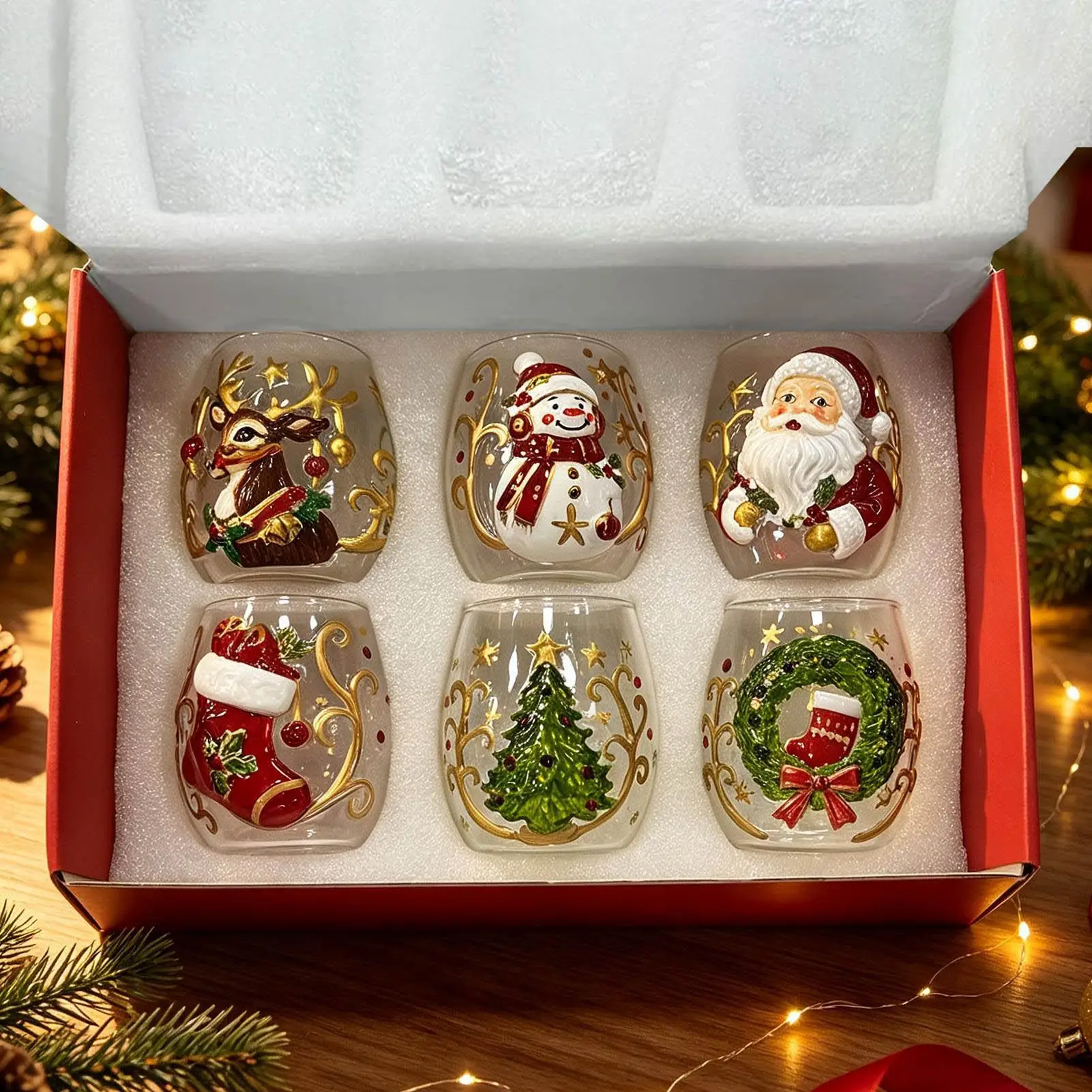 Christmas Glasses Drinkware 300ml 6 Pieces Anti-Tip Funny Table Decor Cute Glass Cups Christmas Decorations for Wine Coffee