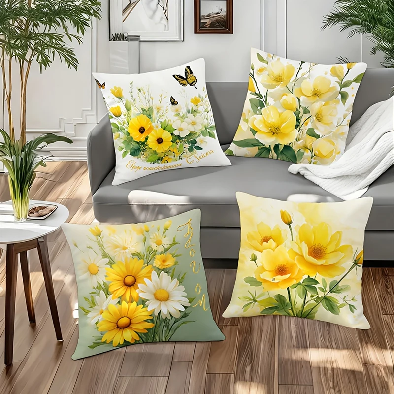 

4Pcs Yellow Floral Pillow Covers Polyester Cushion Cases for Home Decoration Living Room Bedroom