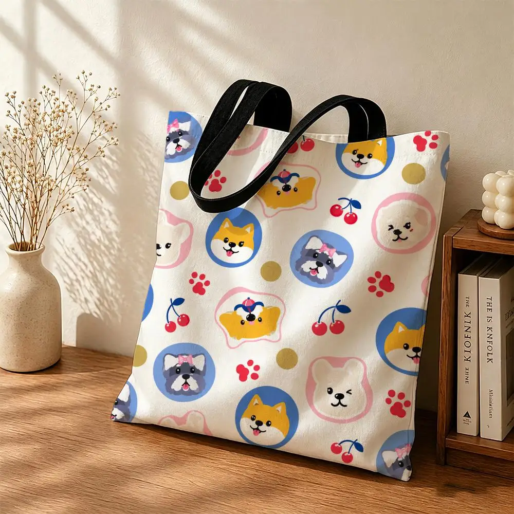 Cute Japanese Pet Background Storage Bags Large Canvas Tote Bag for School Work Travel Grocery Shopping