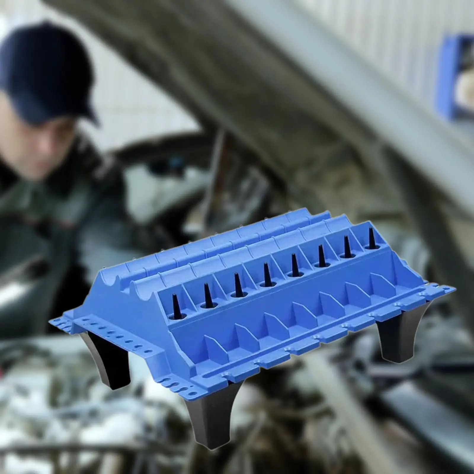 エンジンシリンダーヘッドトレイ、オーガナイザーバルブトレインオーガナイザートレイ、丈夫なグローブ付きブルー、アクセサリーストア車シリンダーヘッドパーツ