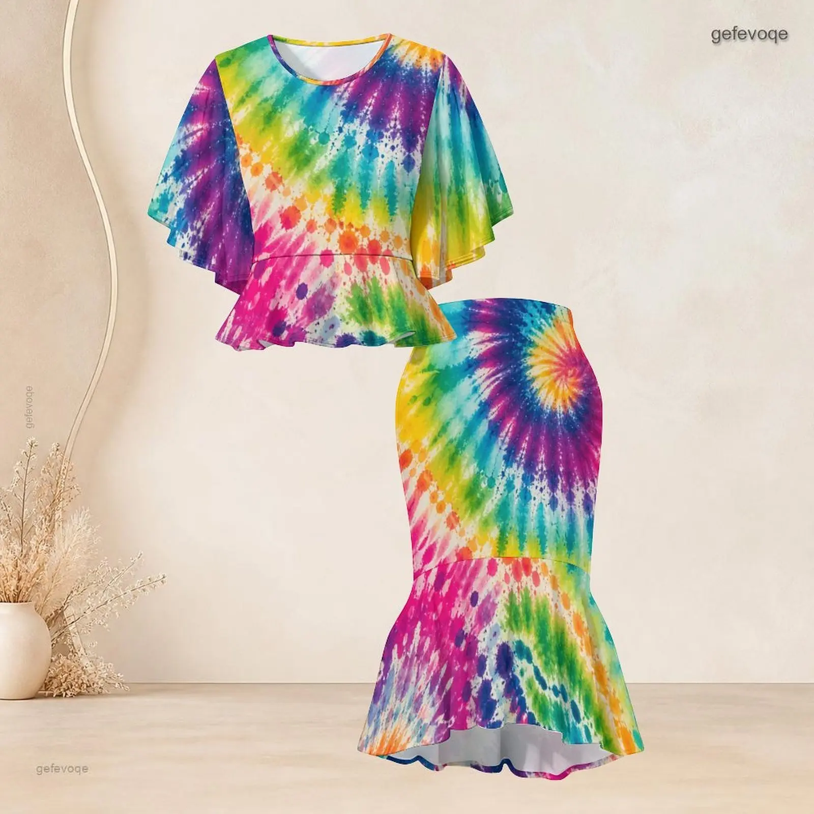 Printed Skirt Set for Women Batwing Sleeve Ruffle Hem Top Fishtail Skirt Two Piece
