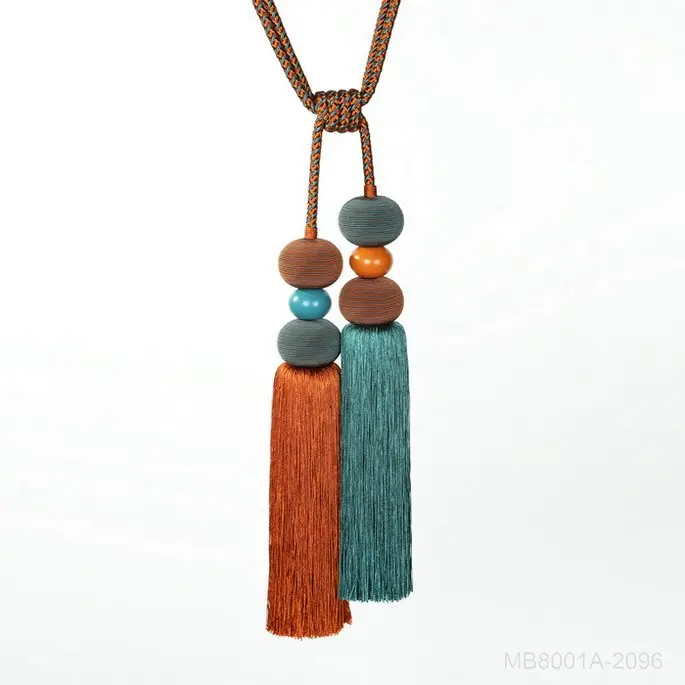 Elegant European Style Double-Head Tassel Curtain Tiebacks Luxury Braided Rope with Wooden Beads & Fringe for Window Decor