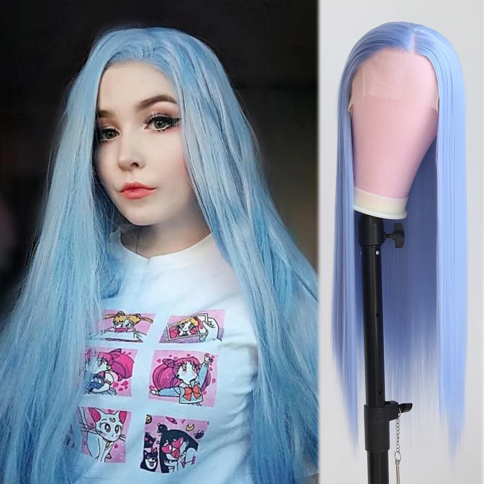 Thiswig Light Blue Wig Lace Front, Ice Blue Heat Resistant Synthetic Hair Half Hand Tied Wig Middle Part for Fashion Women