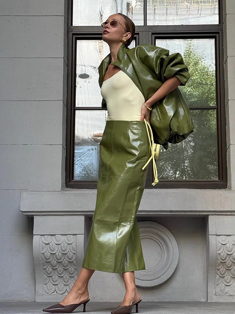 

Glossy Leather Jaet And Skirt Set Women's Ele Sle Long Sve Briti Faion Loose Fit Synthetic Leather Coat