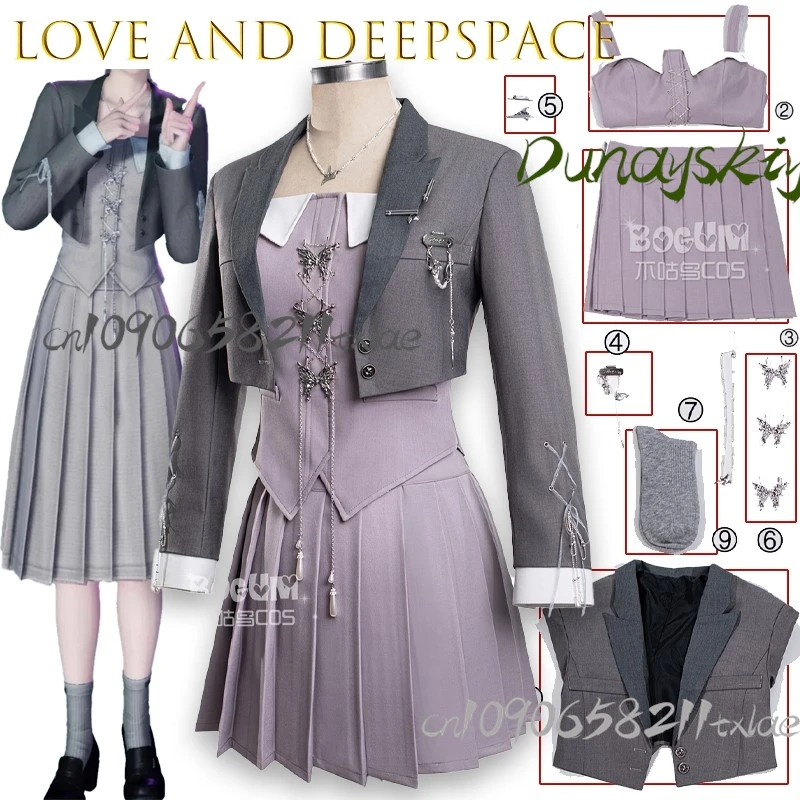 

Костюм для косплея Love And Deepspace Whispers Of The Heart Main Control, повседневное платье, аниме, игра на Хэллоуин, Y2k, серый плиссированный комплект