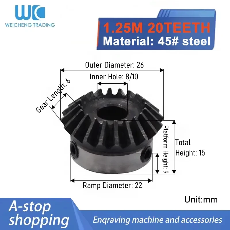 1PC 1.25 Mod 20T Bevel Gear Bore 8/10mm M4 Thread 45 Carbon Steel 90 Degree Transmission Quenching Hobbing Parts Standard