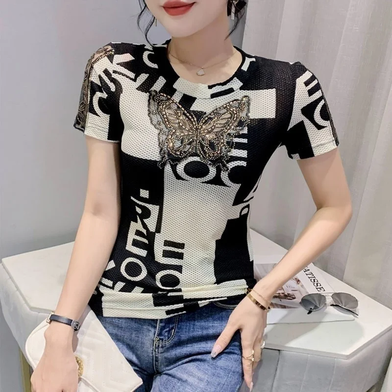 

#8142 Short Sleeve T Shirt Women Hollow Out Diamonds Sexy Club Streetwear T Shirt Female Slim Korean Style Summer T-shirt O-neck